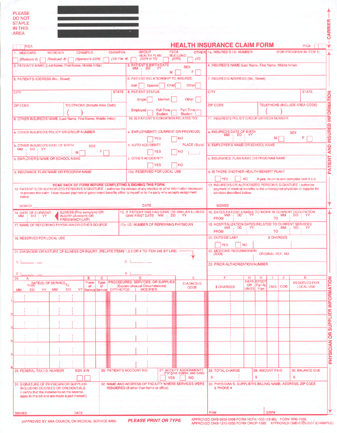 Hcfa 1500 Sample Form. Health Claim Forms